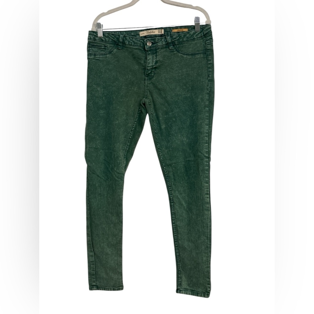 Zara Jeans Size 10 Frayed Hem Skinny Denim Green 5 Pocket Slim Stretch (714)